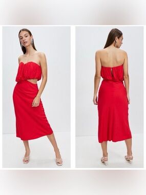 Third Form Red Strapless Cutout Midi Dress Ruched Bubble Bodice US 10